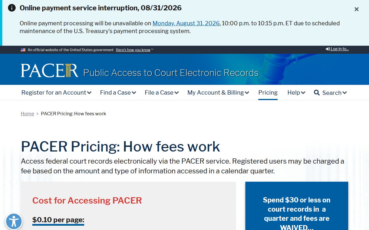 PACER pricing and fee information