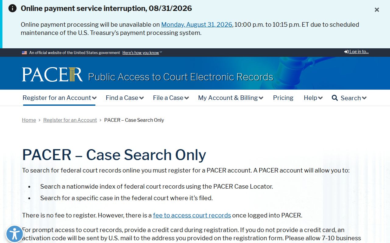 PACER case-search-only registration information