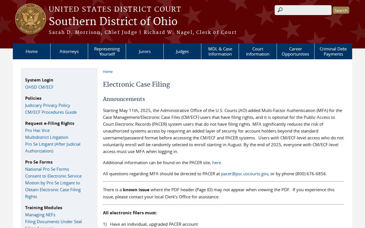 Southern District of Ohio electronic case filing information
