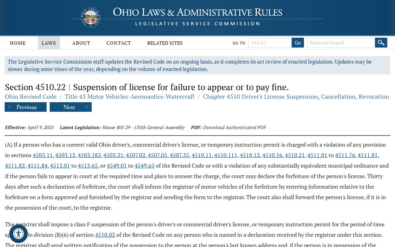 Ohio failure-to-appear suspension statute
